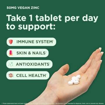 Yuve Natural Vegan Zinc Supplements 50mg, Immune Support, Fast Relief from Colds and Flu, Acne Free ...