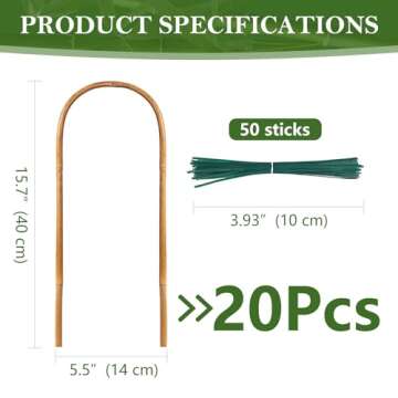 Hanaruer 20 Pack Bamboo Trellis, Natural Bamboo Plants Trellis U-Hoop, 16" Garden Trellis with Twist Ties, Bamboo Trellis U-Shape for Climbing Plant Support, Small Potted Plant Trellis for Indoor