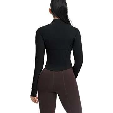 AVGO Women's Cropped Running Workout Jackets Zip Slim Fit Athletic Tops with Thumb Holes(Black, XL)