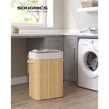 SONGMICS Foldable Laundry Hamper with Lid, 19 Gal. Bamboo Laundry Basket, Rectangular Storage Hamper...