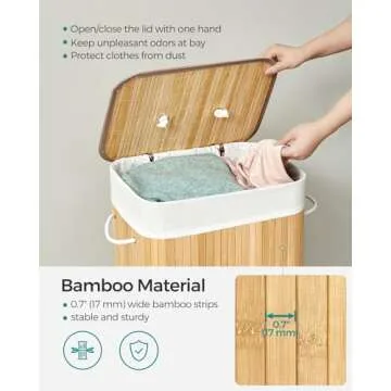 SONGMICS Foldable Laundry Hamper with Lid, 19 Gal. Bamboo Laundry Basket, Rectangular Storage Hamper with 3 Handles, 15.7 x 11.8 x 23.6 Inches, for Laundry Room, Bedroom, Natural ULCB10YV1