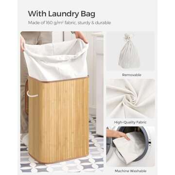 SONGMICS Foldable Laundry Hamper with Lid, 19 Gal. Bamboo Laundry Basket, Rectangular Storage Hamper with 3 Handles, 15.7 x 11.8 x 23.6 Inches, for Laundry Room, Bedroom, Natural ULCB10YV1