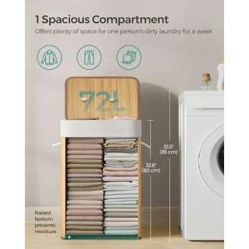 SONGMICS Foldable Laundry Hamper with Lid, 19 Gal. Bamboo Laundry Basket, Rectangular Storage Hamper with 3 Handles, 15.7 x 11.8 x 23.6 Inches, for Laundry Room, Bedroom, Natural ULCB10YV1