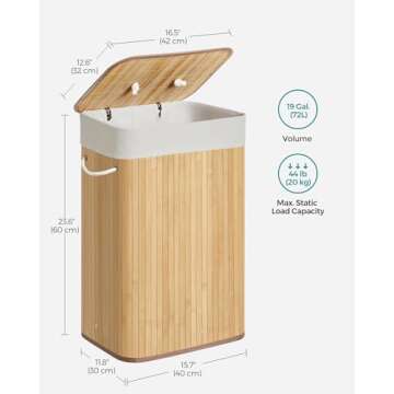 SONGMICS Foldable Laundry Hamper with Lid, 19 Gal. Bamboo Laundry Basket, Rectangular Storage Hamper with 3 Handles, 15.7 x 11.8 x 23.6 Inches, for Laundry Room, Bedroom, Natural ULCB10YV1