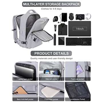VGCUB Large Travel Backpack Bag for Women Men,Carry on Backpack,17 Inch Laptop Business Work Waterproof Backpack with Laptop Compartment,Person Item Flight Approved,Mochila de Viaje,Grey