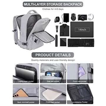 VGCUB Large Travel Backpack Bag for Women Men,Carry on Backpack,17 Inch Laptop Business Work Waterproof Backpack with Laptop Compartment,Person Item Flight Approved,Mochila de Viaje,Grey