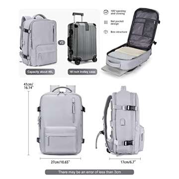 VGCUB Large Travel Backpack Bag for Women Men,Carry on Backpack,17 Inch Laptop Business Work Waterproof Backpack with Laptop Compartment,Person Item Flight Approved,Mochila de Viaje,Grey