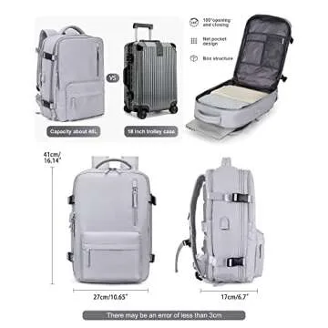 VGCUB Large Travel Backpack Bag for Women Men,Carry on Backpack,17 Inch Laptop Business Work Waterproof Backpack with Laptop Compartment,Person Item Flight Approved,Mochila de Viaje,Grey