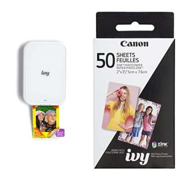 Canon IVY 2 Mini Photo Printer, Print from Compatible iOS & Android Devices, Sticky-Back Prints, Pure White + Canon ZINK Photo Paper Pack, 50 Sheets