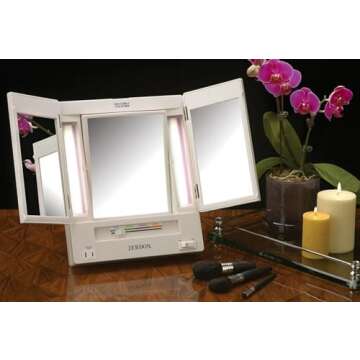 JERDON Tri-Fold Two-Sided Makeup Mirror with Lights - Vanity Mirror with 5X-1X Magnification & Multi...