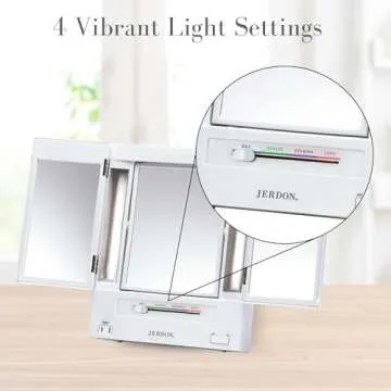 JERDON Tri-Fold Two-Sided Makeup Mirror with Lights - Vanity Mirror with 5X-1X Magnification & Multiple Light Settings - White - Model JGL9W
