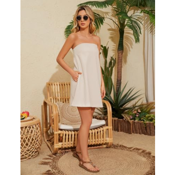 Ymejia Womens Beach Tube Dress with Pockets Off The Shoulder Loose Fit Solid Casual Strapless Mini Dress Apricot