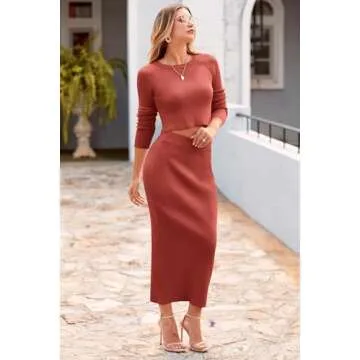 PRETTYGARDEN Women's Spring Fall 2 Piece Sweater Set Rib Knit Long Sleeve Crop Top Maxi Bodycon Skirt Casual Winter Outfits (Brick Red,Large)
