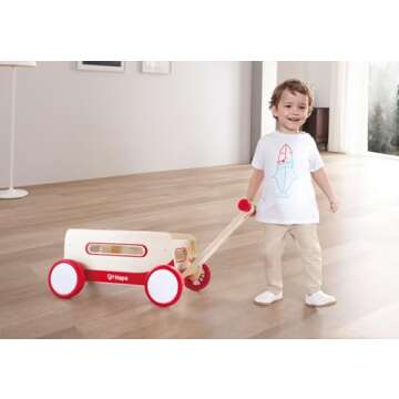 Hape Wooden Wagon Push and Pull Toy| Baby Learning Walker with Wheels for Toddlers Age 1 Year Old and up