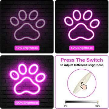 Dog Paw Print Neon Light，Dimmer Dog Led Sign,9.8 * 8.6 Inch Paw Print Neon Sign for Wall Decor,USB...