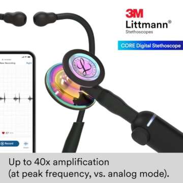 3M Littmann CORE Digital Stethoscope, Our Most Advanced Stethoscope Yet, Up To 40x Amplification*, Active Noise Cancellation, In-App Sound Wave Visualization, High Polish Rainbow Chestpiece, 8570