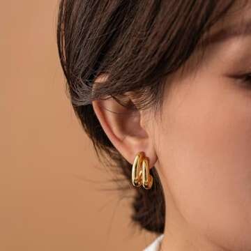 Plucar Gold Hoop Earrings for Women - Chunky Gold Earrings 14K Gold Plated Earrings Trendy Chunky Gold Hoops Small Thick Hypoallergenic Earrings for Women Trendy Double Hoop
