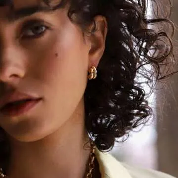 Plucar Gold Hoop Earrings for Women - Chunky Gold Earrings 14K Gold Plated Earrings Trendy Chunky Gold Hoops Small Thick Hypoallergenic Earrings for Women Trendy Double Hoop