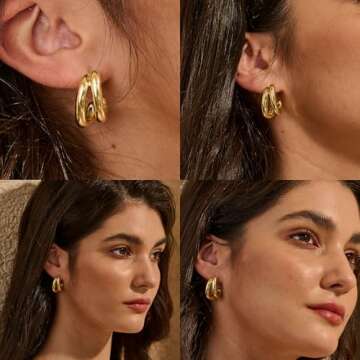 Plucar Gold Hoop Earrings for Women - Chunky Gold Earrings 14K Gold Plated Earrings Trendy Chunky Gold Hoops Small Thick Hypoallergenic Earrings for Women Trendy Double Hoop