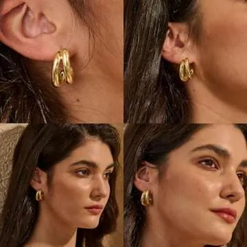 Plucar Gold Hoop Earrings for Women - Chunky Gold Earrings 14K Gold Plated Earrings Trendy Chunky Gold Hoops Small Thick Hypoallergenic Earrings for Women Trendy Double Hoop