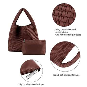 LMKIDS Women Vegan Leather Hand-Woven Tote Handbag Fashion Shoulder Top-handle Bag All-Match Underarm Bag with Purse (Coffee)