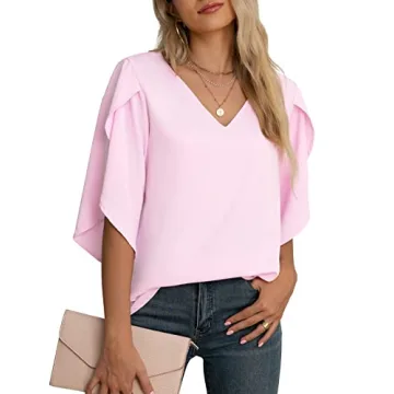 Jouica Women's Elbow Sleeve Chiffon Patchwork Ruffle Fall Tops Dressy Casual Blouses,01Light Pink,Small