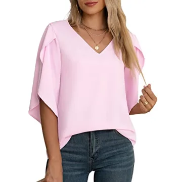 Jouica Women's Elbow Sleeve Chiffon Patchwork Ruffle Fall Tops Dressy Casual Blouses,01Light Pink,Small