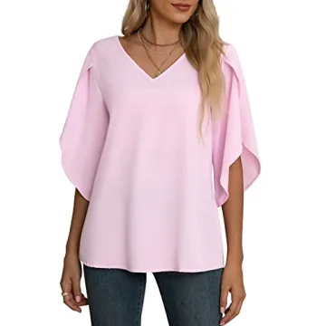 Jouica Women's Elbow Sleeve Chiffon Patchwork Ruffle Fall Tops Dressy Casual Blouses,01Light Pink,Small