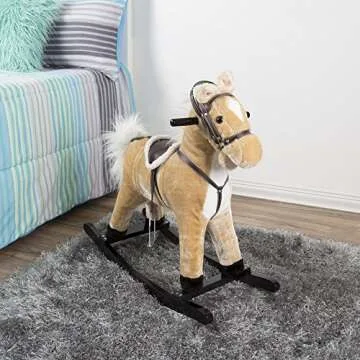 Rocking Horse Plush Animal on Wooden Rockers with Sounds, Stirrups, Saddle & Reins, Ride on Toy, Toddlers to 4 Years Old by Happy Trails - Brown