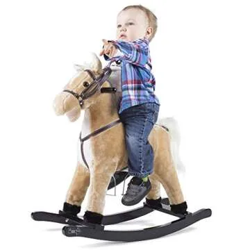 Rocking Horse Plush Animal on Wooden Rockers with Sounds, Stirrups, Saddle & Reins, Ride on Toy, Toddlers to 4 Years Old by Happy Trails - Brown