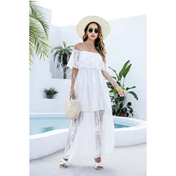 MERMAID'S CLOSET Womens Off Shoulder Embroidered Lace Maxi Dress Boho White Wedding Guest Party Maternity Photoshoot Dresses