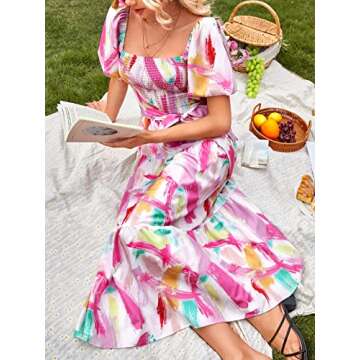 REDESYN Women's Dress Dress for Women - Brush Print Square Neck Shirred Puff Sleeve Ruffle Hem Dress (Color : Multicolor, Size : Large)