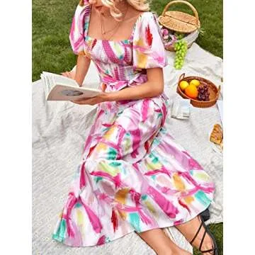 REDESYN Women's Dress Dress for Women - Brush Print Square Neck Shirred Puff Sleeve Ruffle Hem Dress (Color : Multicolor, Size : Large)