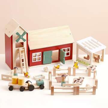 PairPear Wooden Barn Farm Toys with Farm Animals Figures and Tractor, Educational Stacking Learning ...