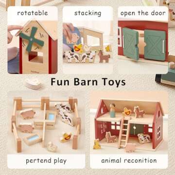 PairPear Wooden Barn Farm Toys with Farm Animals Figures and Tractor, Educational Stacking Learning Toys Gift for Toddler Girls Boys 3+