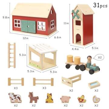 PairPear Wooden Barn Farm Toys with Farm Animals Figures and Tractor, Educational Stacking Learning Toys Gift for Toddler Girls Boys 3+