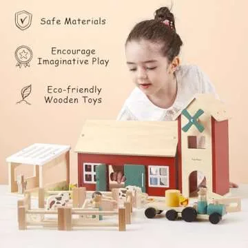 PairPear Wooden Barn Farm Toys with Farm Animals Figures and Tractor, Educational Stacking Learning Toys Gift for Toddler Girls Boys 3+