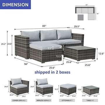 Patiorama 5 Piece Outdoor Patio Furniture Set, Sectional Conversation All-Weather Grey PE Wicker w/Light Cushions, Backyard Porch Garden Poolside Balcony Set