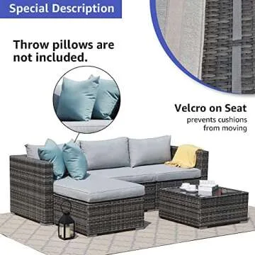 Patiorama 5 Piece Outdoor Patio Furniture Set, Sectional Conversation All-Weather Grey PE Wicker w/Light Cushions, Backyard Porch Garden Poolside Balcony Set