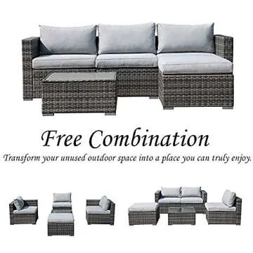 Patiorama 5 Piece Outdoor Patio Furniture Set, Sectional Conversation All-Weather Grey PE Wicker w/Light Cushions, Backyard Porch Garden Poolside Balcony Set