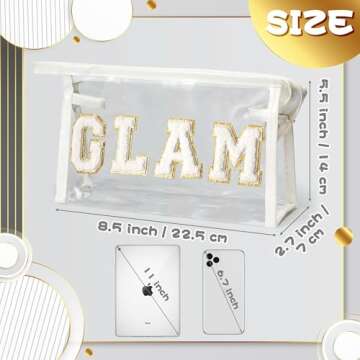 Belanttega Preppy Patch Cosmetic Bag - GLAM Chenille Varsity Letter Toiletry Bag Transparent PVC Zip...