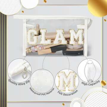 Belanttega Preppy Patch Cosmetic Bag - GLAM Chenille Varsity Letter Toiletry Bag Transparent PVC Zipper Makeup Bag Waterproof Portable Travel Bag Valentine's Day Gifts for Women Girls(White Glam)