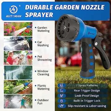 AUTOMAN-Garden-Hose-Nozzle,ABS Water Spray Nozzle with Heavy Duty 7 Adjustable Watering Patterns,Slip Resistant for Watering Plants,Lawn& Garden,Washing Cars,Cleaning,Showering Pets - Blue