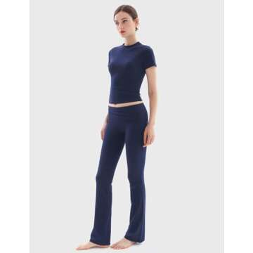 PUMIEY Two Piece Sets for women Lounge Sets Short Sleeve Tops Flare Leggings Set Going Out Casual Outfits Matching Sets Tracksuit, Dark Night Small