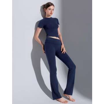 PUMIEY Two Piece Sets for women Lounge Sets Short Sleeve Tops Flare Leggings Set Going Out Casual Outfits Matching Sets Tracksuit, Dark Night Small