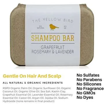 The Yellow Bird Solid Bar Shampoo Soap. Grapefruit, Rosemary, and Lavender. Mild Natural and Organic Ingredients. Sulfate Free. Gentle Scalp + Hair Care
