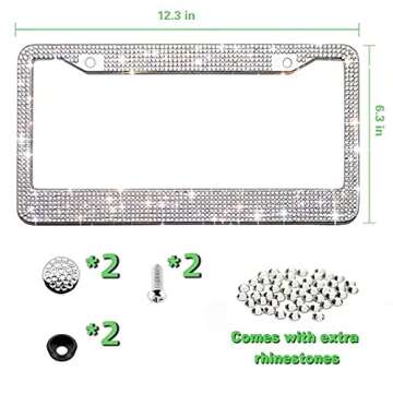 Bling License Plate Frame for Women,Sparkle Crystal Bedazzled Rhinestone License Plate Frames with 1400pcs Rhinestones, Handcrafted Crystal Premium Stainless Steel Frame with Screw Caps (White)