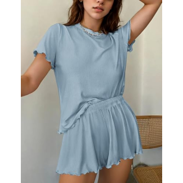 Ekouaer Womens Pajamas 2 Piece Ribbed Knit Pjs Short Sleeve Sleepwear Set Summer Soft Pajamas Set Casual Lounge Sets Blue XL