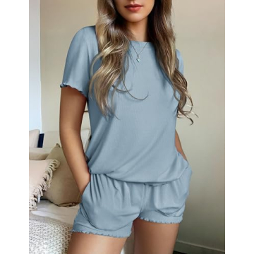 Ekouaer Womens Pajamas 2 Piece Ribbed Knit Pjs Short Sleeve Sleepwear Set Summer Soft Pajamas Set Casual Lounge Sets Blue XL
