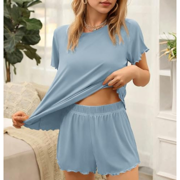 Ekouaer Womens Pajamas 2 Piece Ribbed Knit Pjs Short Sleeve Sleepwear Set Summer Soft Pajamas Set Casual Lounge Sets Blue XL